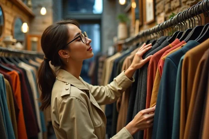 Jeune femme chinant des vêtements de marque dans une friperie parisienne aux murs en pierre