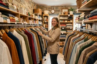 Une femme parcourt les rayons d'une friperie bretonne authentique avec des vêtements vintage colorés sur des portants en bois