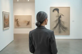 Femme élégante contemplant une œuvre abstraite dans une galerie d'art minimaliste aux murs blancs