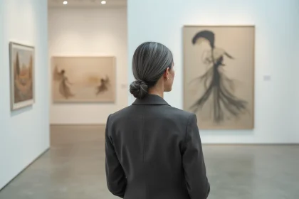 Femme élégante contemplant une œuvre abstraite dans une galerie d'art minimaliste aux murs blancs