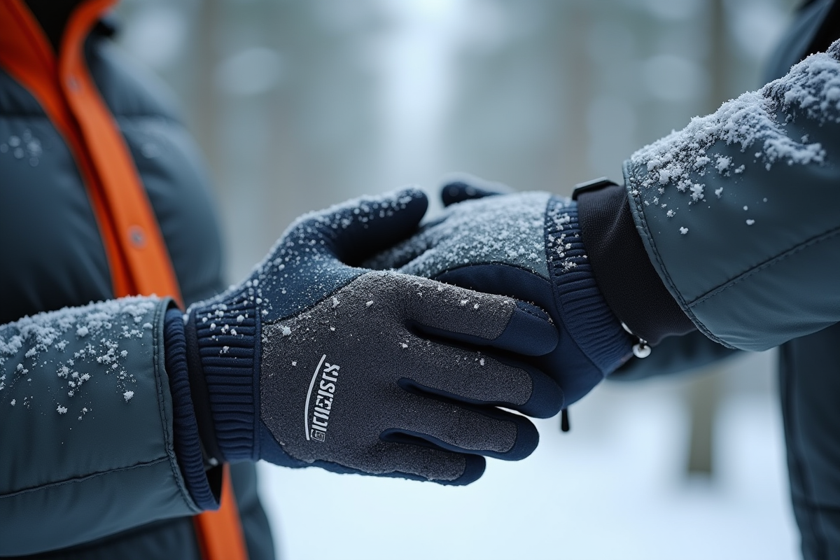 Mains gantées en extérieur dans la neige en plein jour
