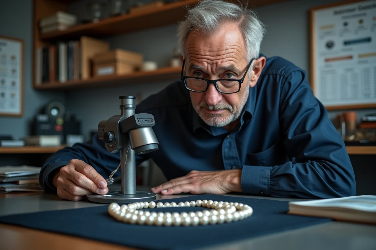 Gemmologue masculin analysant un collier de perles de culture authentiques à la loupe pour en estimer la valeur marchande