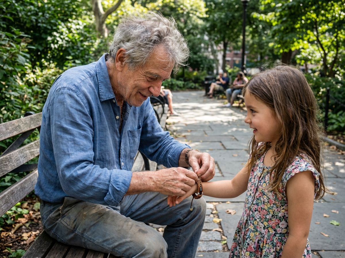 Grand-p&egrave;re mettant un bracelet &agrave; sa petite-fille dans un parc
