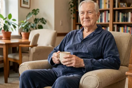 Homme âgé portant une grenouillère pyjama bleue dans un salon de maison de retraite, assis dans un fauteuil confortable avec une tasse de thé
