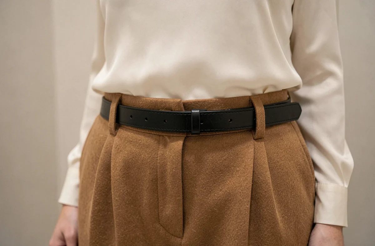 Gros plan sur une ceinture en cuir noir ajustée sans trous béants sur un pantalon taille haute en laine camel