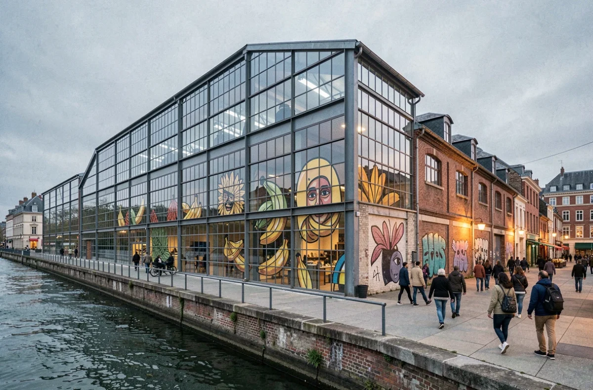 Extérieur du Hangar à Bananes à Nantes avec installations artistiques et promeneurs sur l'esplanade de la Loire