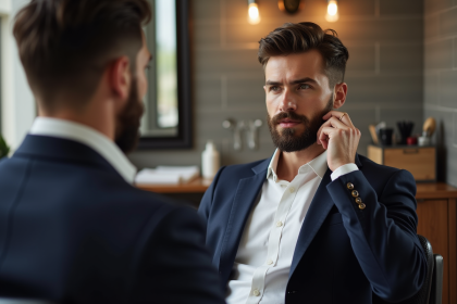 Homme élégant se regardant dans un miroir en salon de coiffure