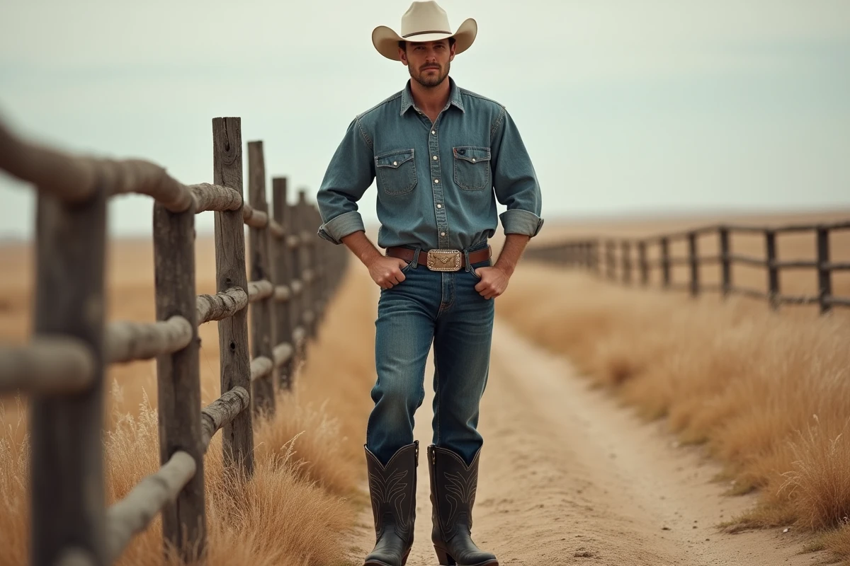 Homme portant des bottes cowboy noires avec jean slim foncé, debout sur un chemin de ranch poussiéreux avec clôture en bois en arrière-plan