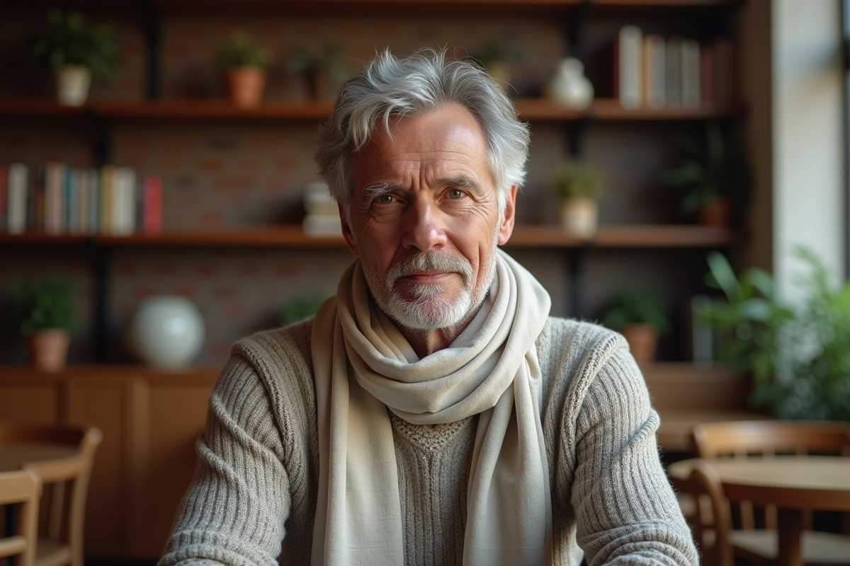 Homme mature en pull et foulard dans un café cosy