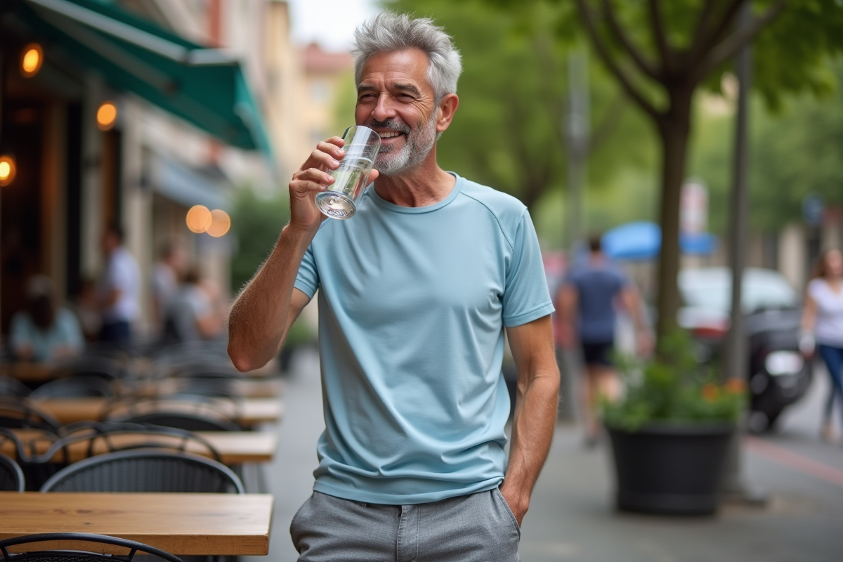 Homme buvant une eau glacée sur une terrasse de café en été