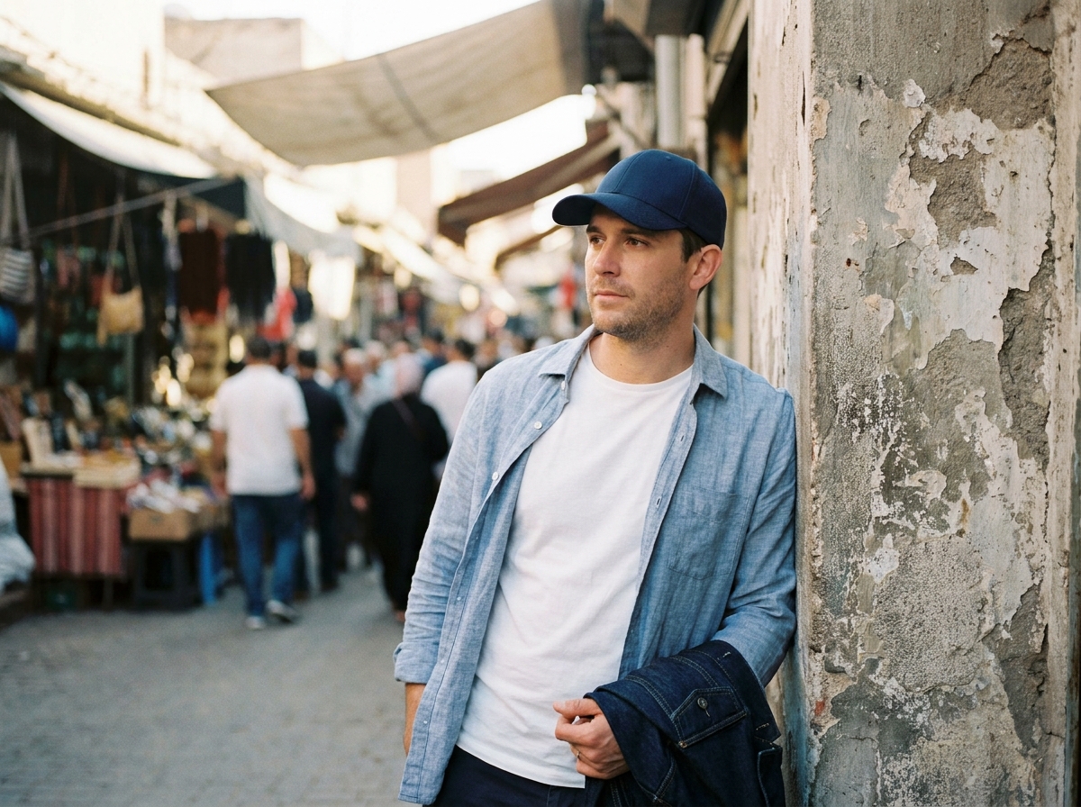 Homme trentenaire avec une casquette baseball bleue marine dans un marché extérieur, look décontracté