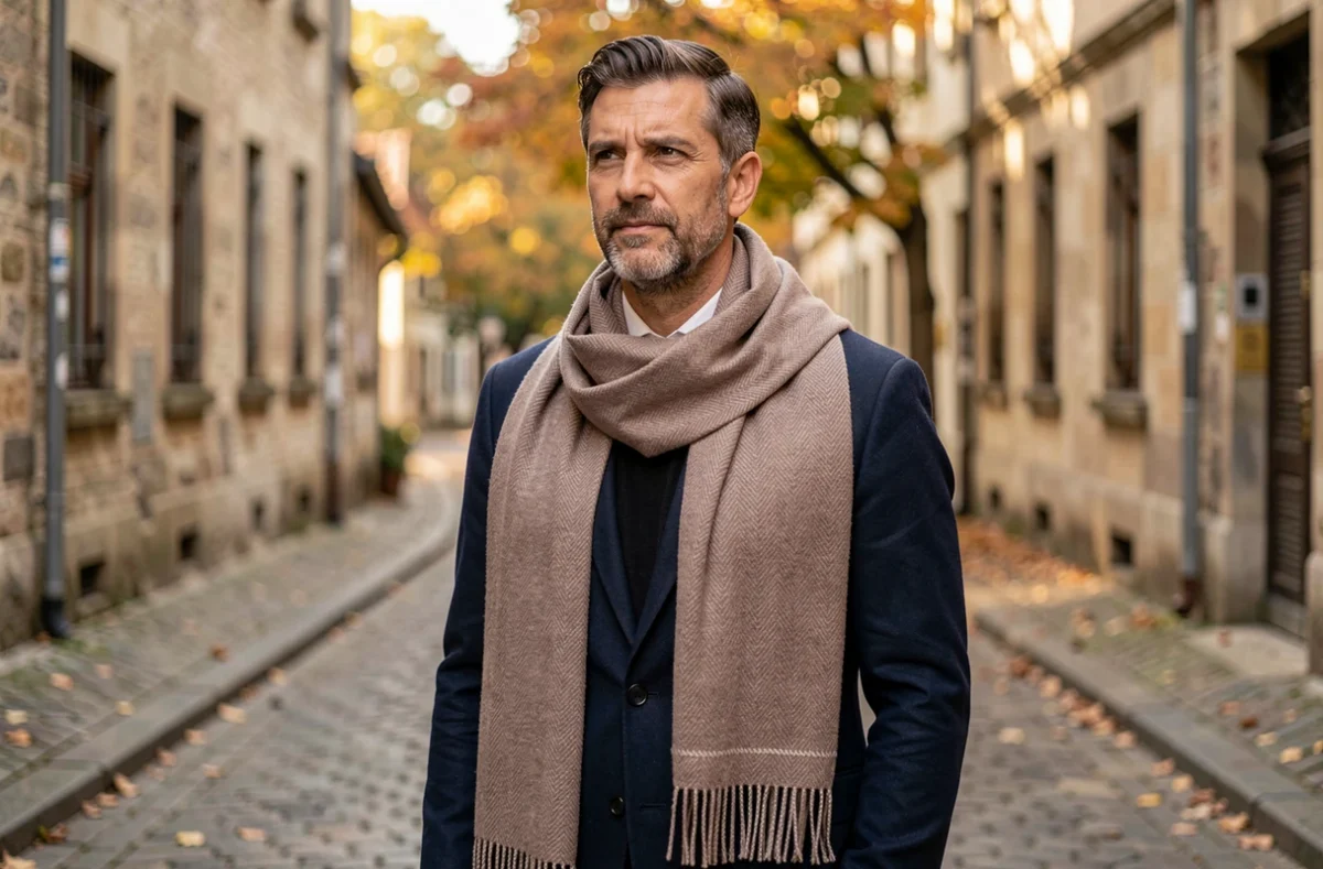Homme élégant avec un châle pashmina taupe sur un blazer marine dans une rue pavée européenne en automne