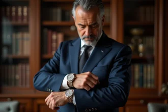 Homme en costume ajusté portant une montre diamantée élégante