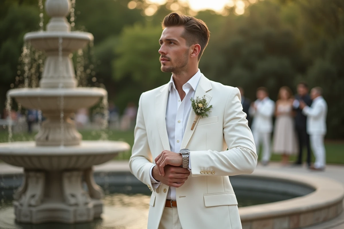 Homme en costume en lin blanc ajust&eacute; lors d