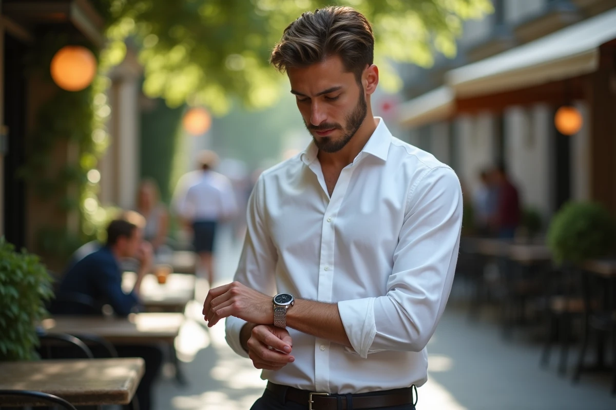 Jeune homme ajustant un bracelet argent dans un caf&eacute; urbain