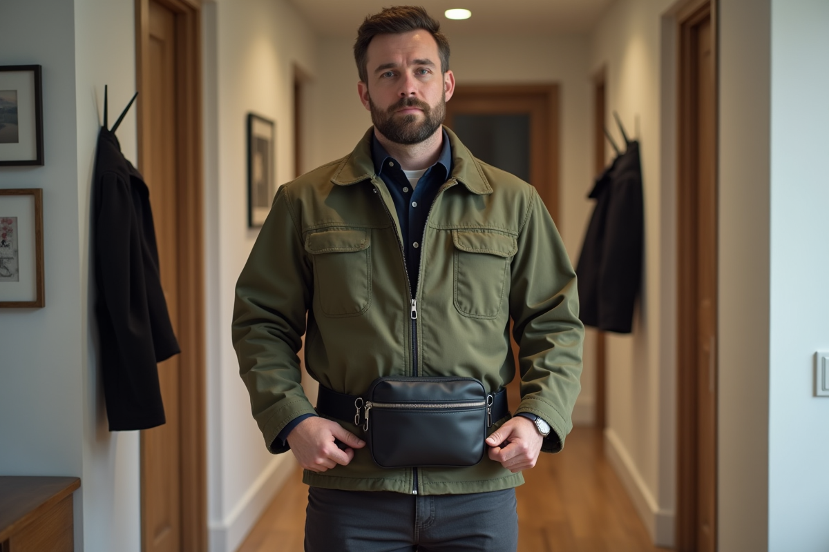 Homme montrant la bonne longueur du sac en intérieur