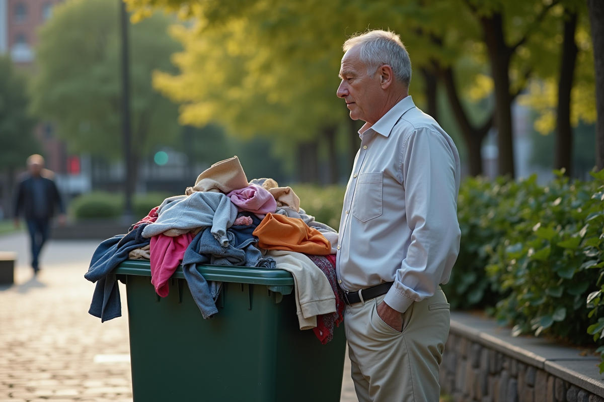 Homme regarde un tas de vêtements usagés dans un parc urbain