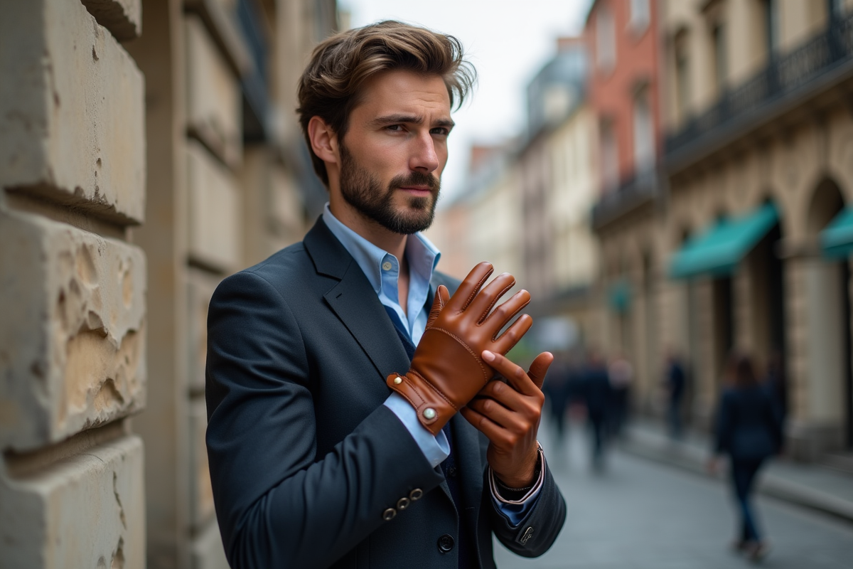 Jeune homme testant des gants en cuir en ville