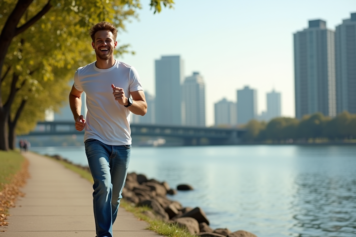 Jeune homme sportif courant au bord de la rivière urbaine