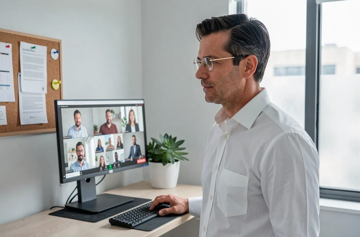 Homme en télétravail avec lunettes à montures métalliques dorées sans bords lors d'une réunion en visioconférence au bureau à domicile