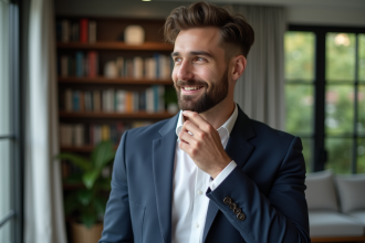 Homme élégant en blazer navy et chemise blanche