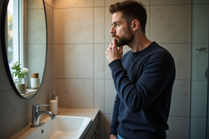 Homme de 40 ans regardant dans un miroir de salle de bain