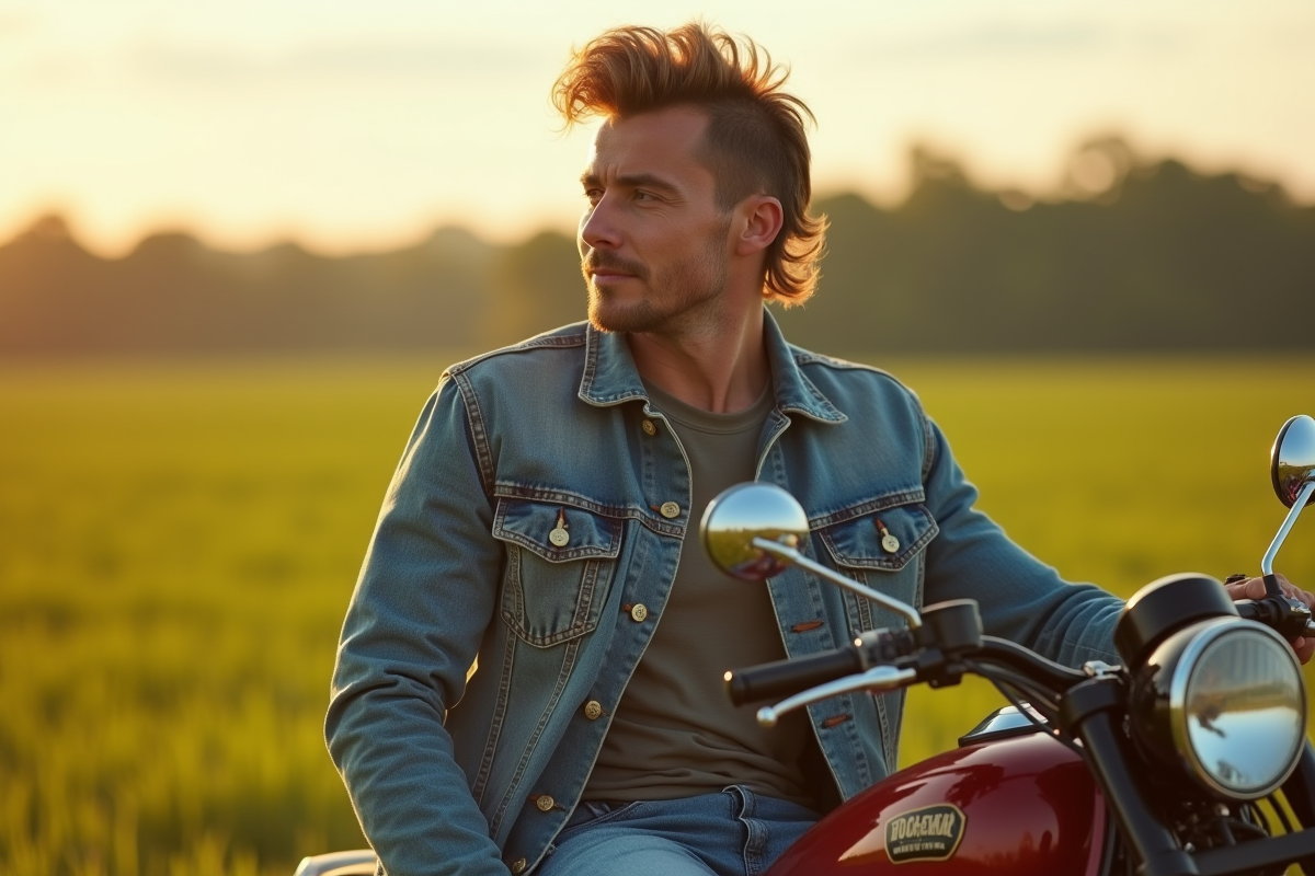 Homme détendu avec coupe mullet en denim sur une moto en campagne