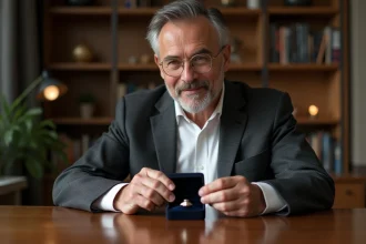 Homme surpris ouvrant un coffret avec bague en argent