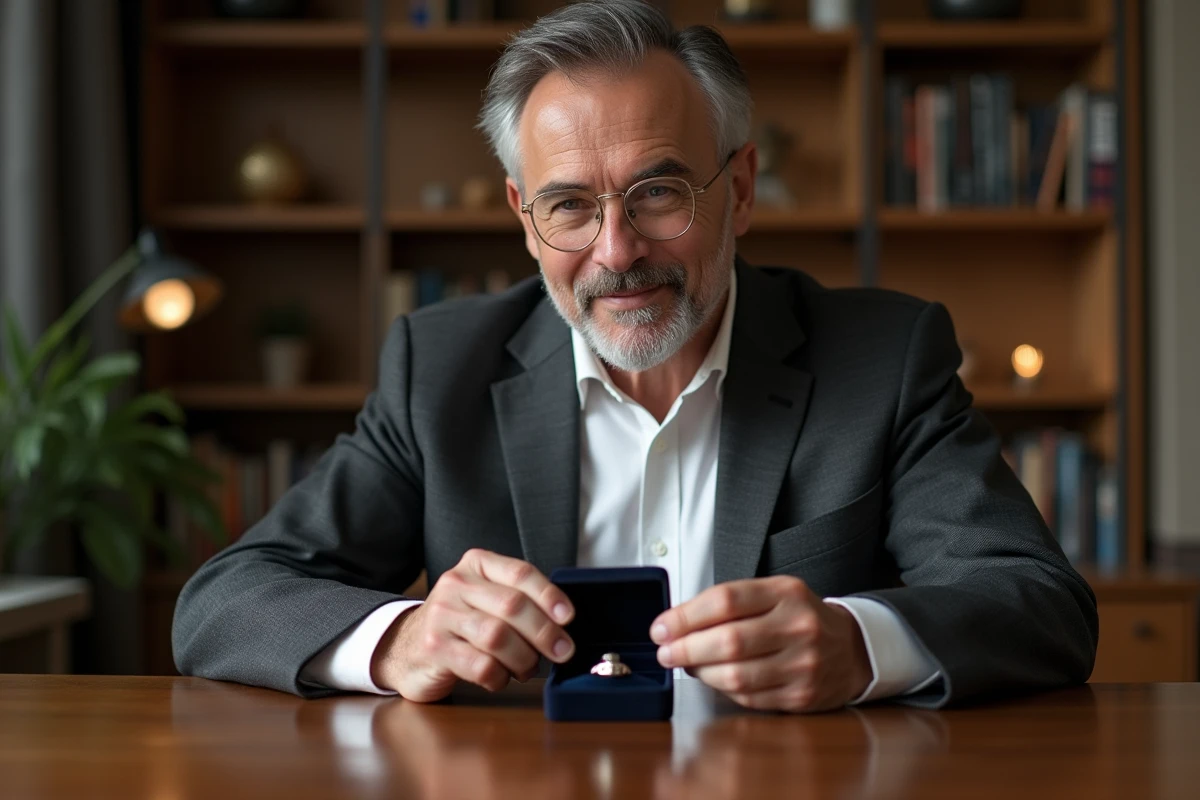 Homme surpris ouvrant un coffret avec bague en argent