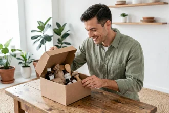 Homme ouvrant une box mensuelle écologique avec des produits naturels et du packaging en carton recyclé sur une table en bois
