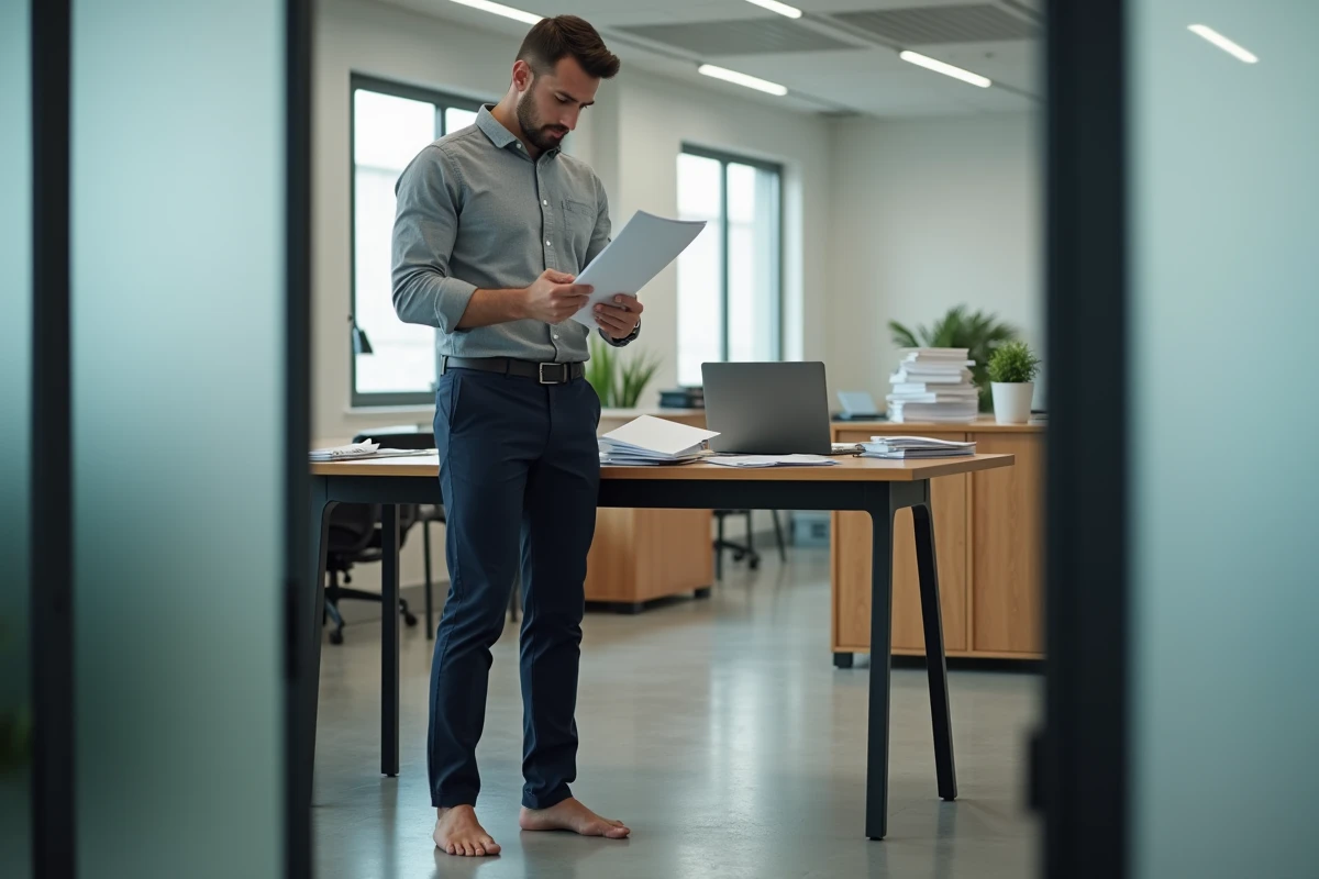 Homme pieds nus dans un bureau professionnel consultant des documents légaux liés à la vente en France