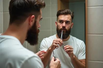 Homme se rasant dans un miroir de salle de bain moderne