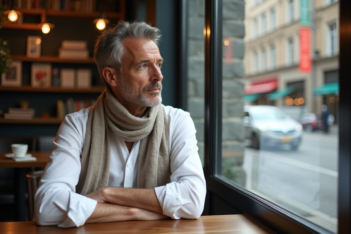 Homme d age moyen regardant par la fenetre du cafe