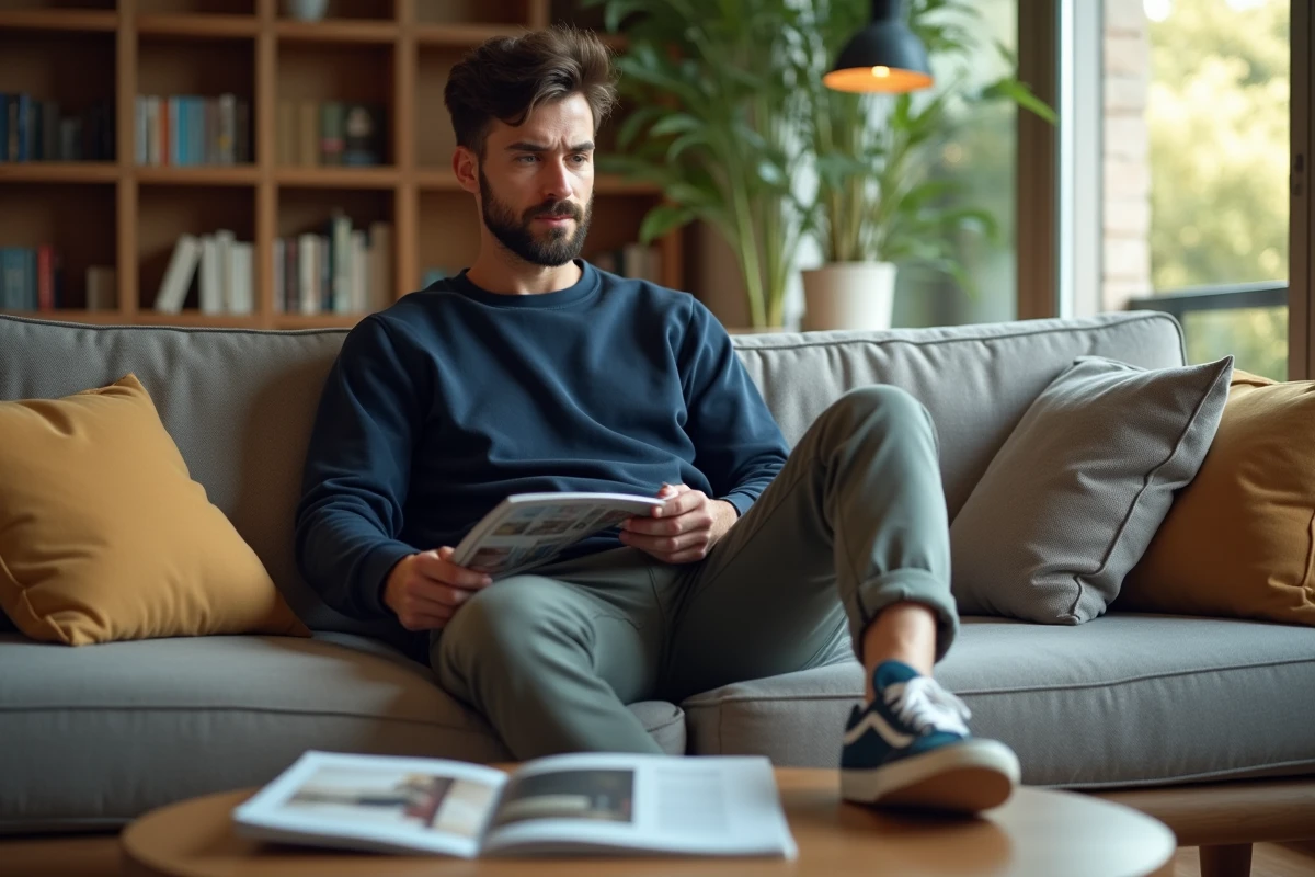 Homme détendu sur canapé dans un appartement lumineux