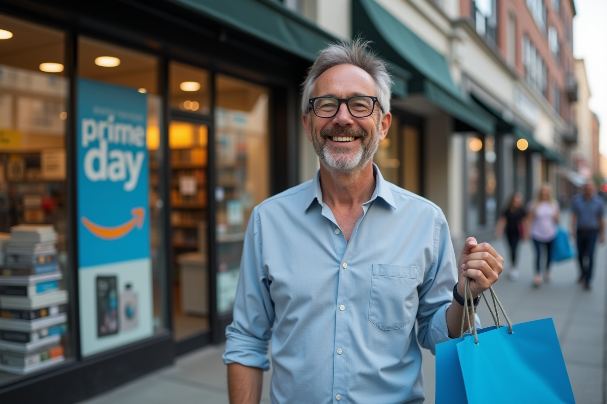 Homme avec sacs de shopping devant un magasin d