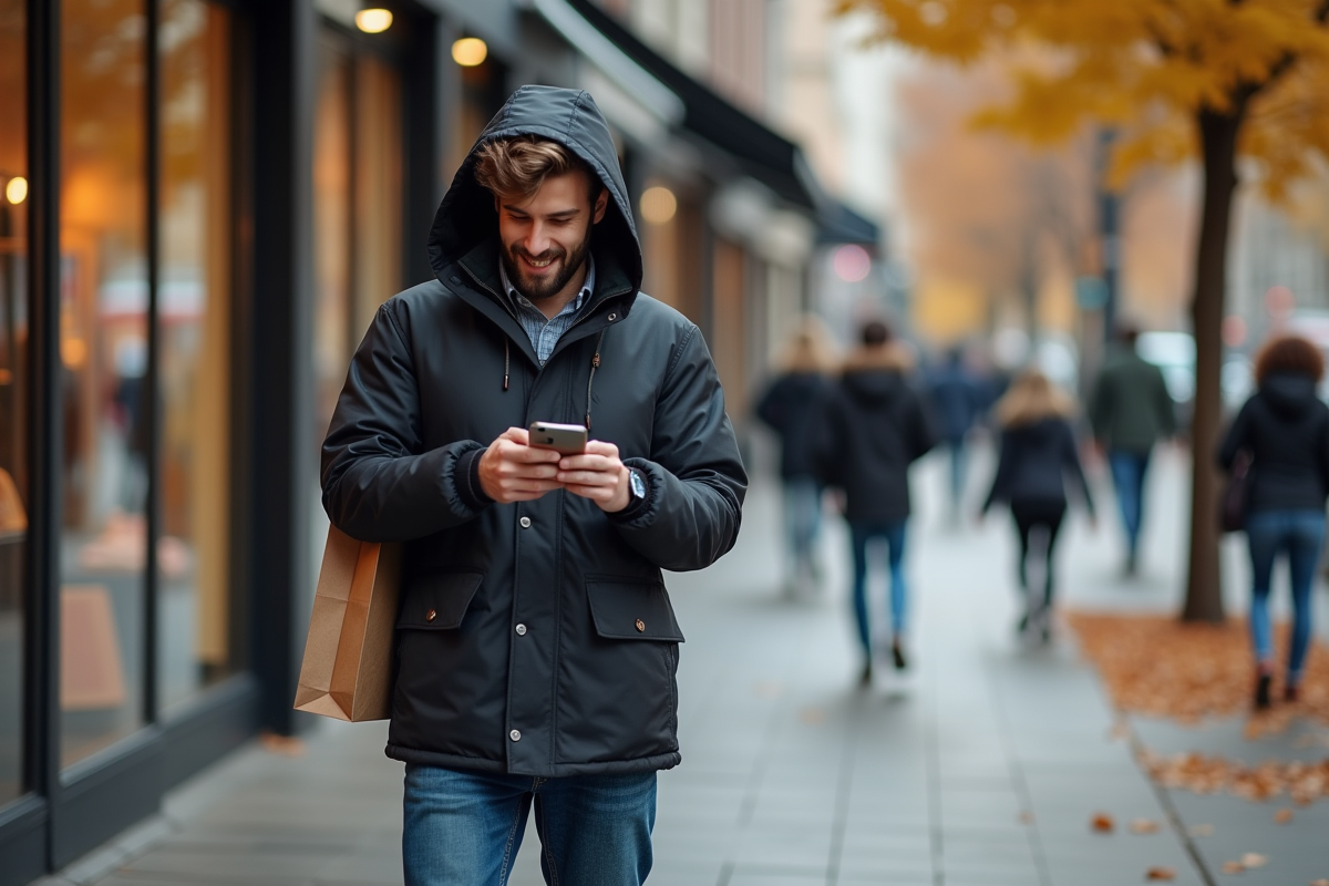 Jeune homme avec sac à shopping sur un trottoir automnal