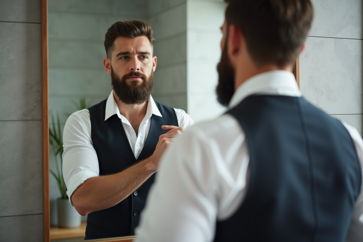 Jeune homme en train de se raser la barbe dans la salle de bain