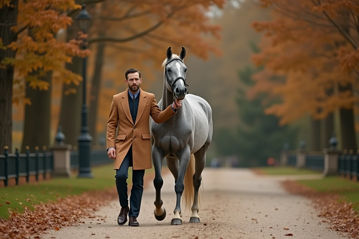 Homme en manteau équestre camel marchant avec un cheval gris sur un chemin de domaine en automne