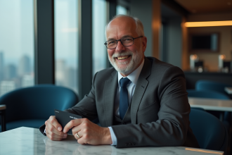 Homme d age en costume cravate tenant une carte premium dans un lounge moderne