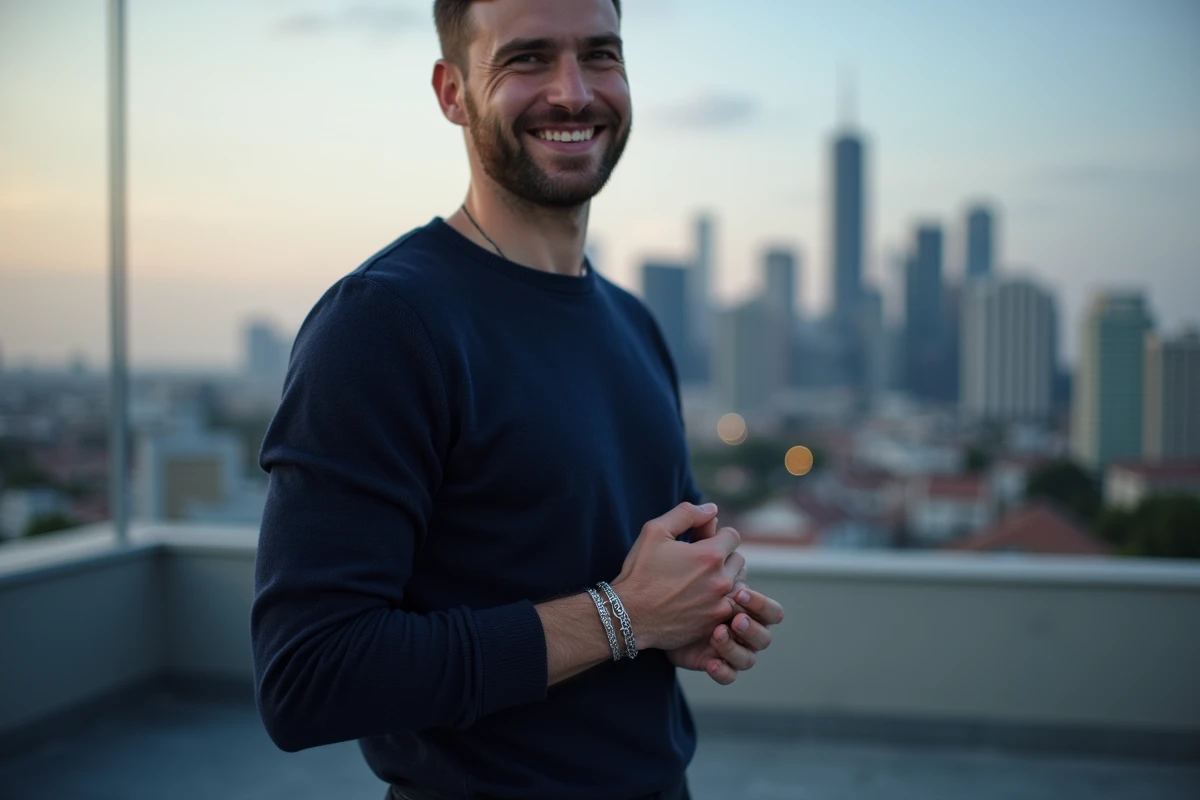 Jeune homme souriant sur un rooftop en soirée