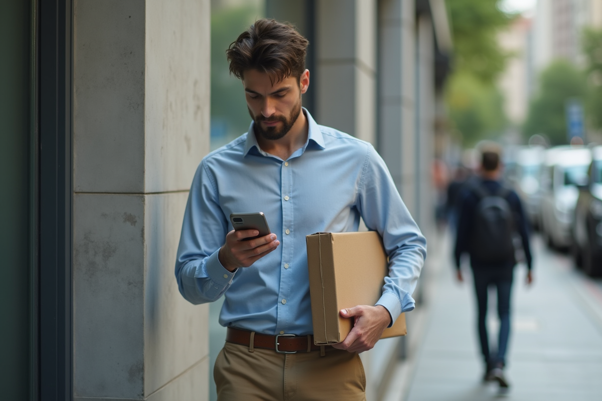 Homme dans la rue avec un colis et téléphone