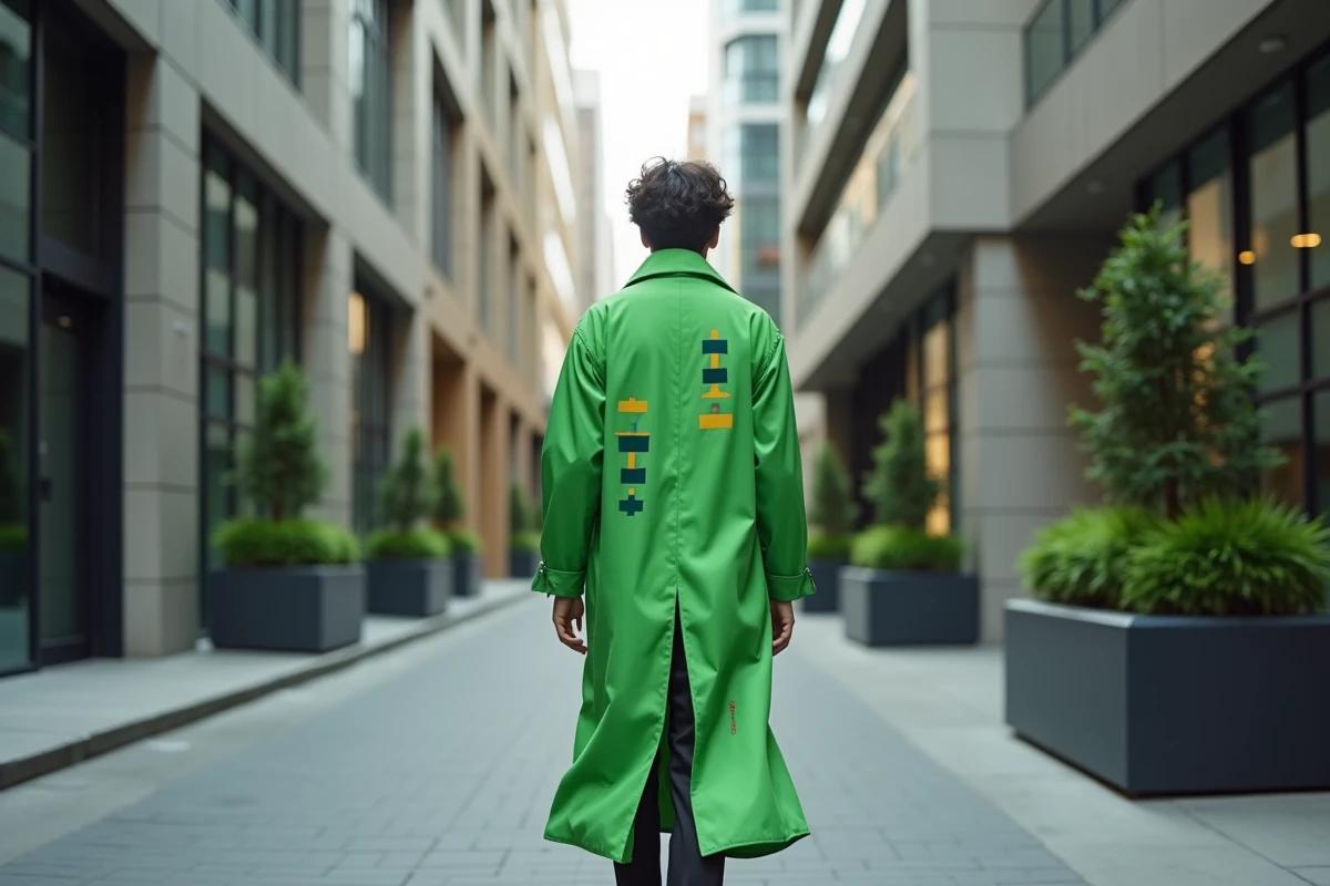 Jeune homme en manteau vert géométrique dans la rue