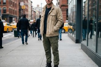 Homme en cargo vert et veste beige dans la ville