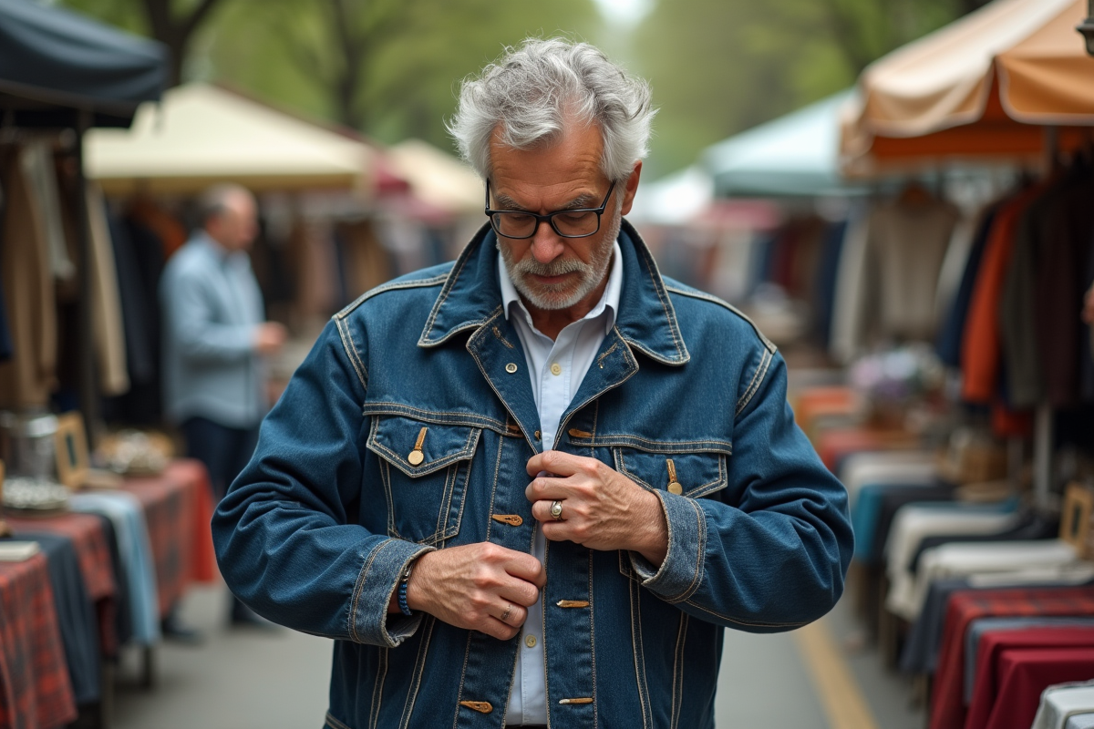 Homme examinant une veste en denim au marché aux puces