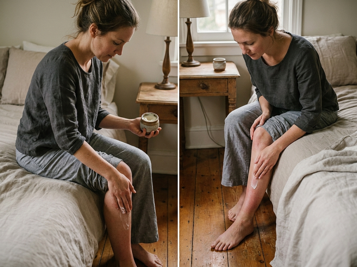 Femme hydratant ses jambes sèches avec un baume corporel riche assise sur son lit