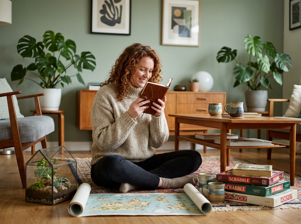 Femme découvrant des idées de cadeaux insolites et créatifs pour offrir à sa famille, entourée d'objets originaux