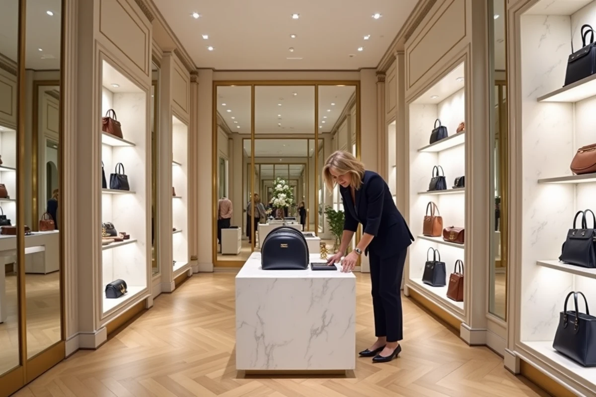 Intérieur d'une boutique de luxe Avenue Montaigne avec des accessoires de mode exposés sur des étagères en marbre blanc