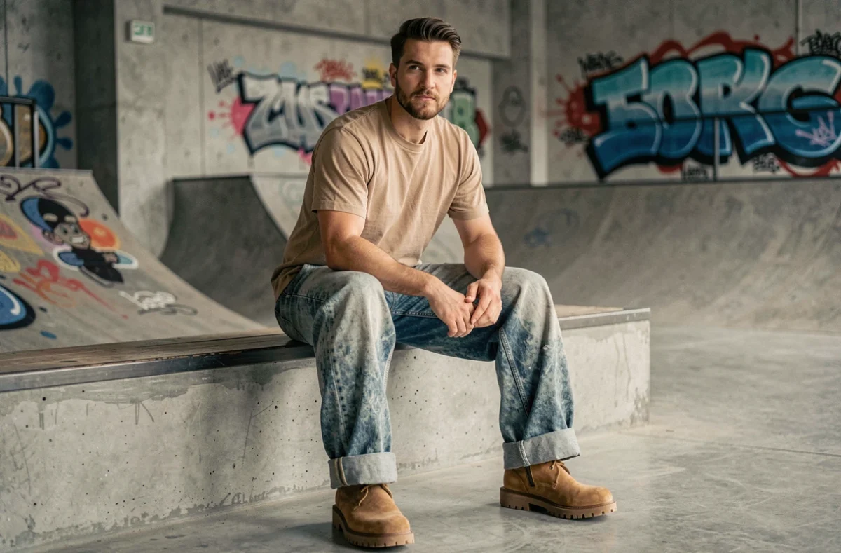 Homme en jean oversize style vintage acid-wash assis dans un skatepark urbain avec une tenue streetwear structurée et non négligée