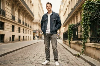 Jeune homme en jean streetwear oversize bien ajusté posant dans une rue parisienne pavée avec un look soigné et décontracté