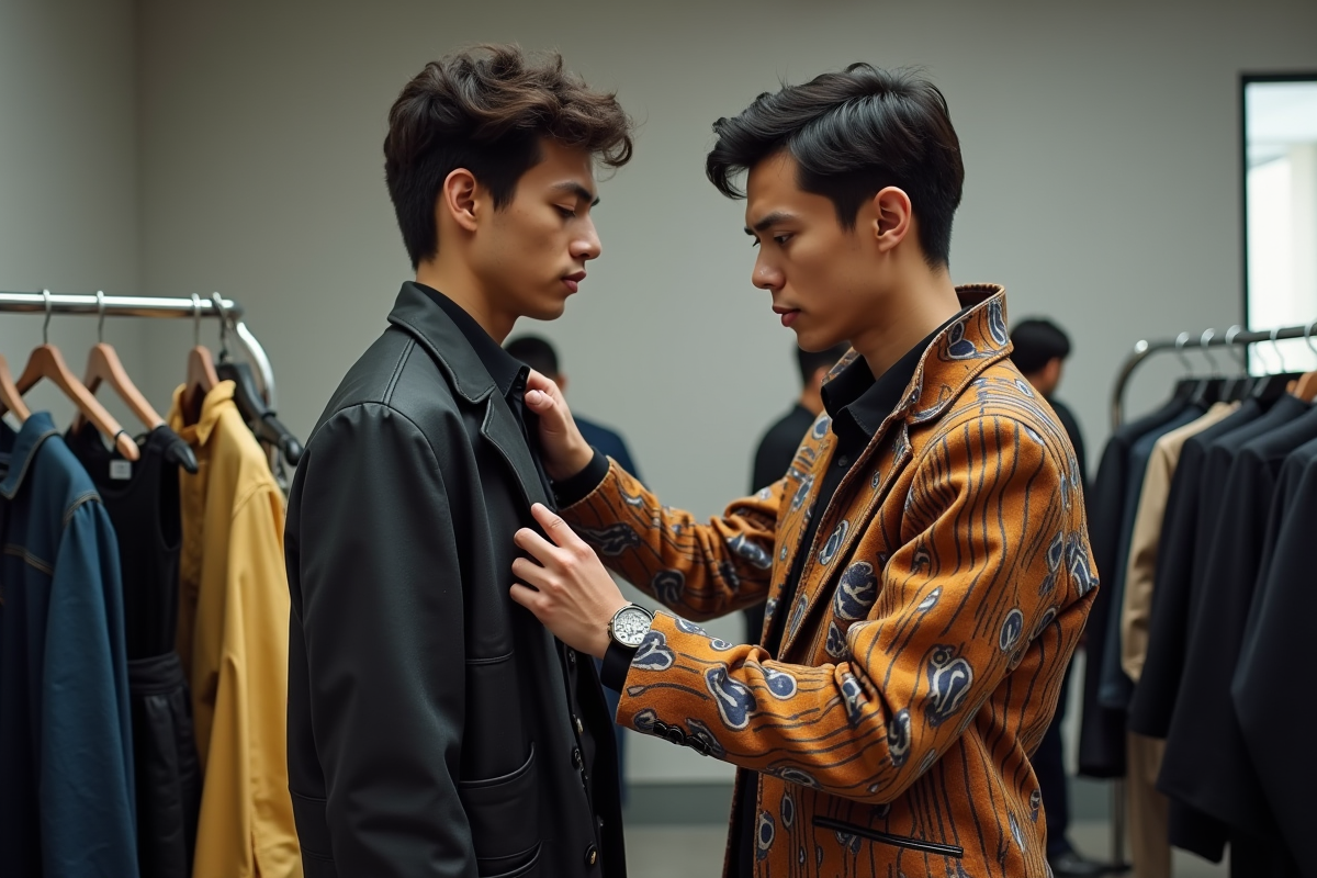 Jeune designer ajustant un vêtement sur un mannequin backstage